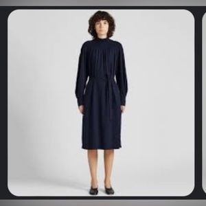 Shirring Mock Neck Longsleeves Dress Dark Blue M